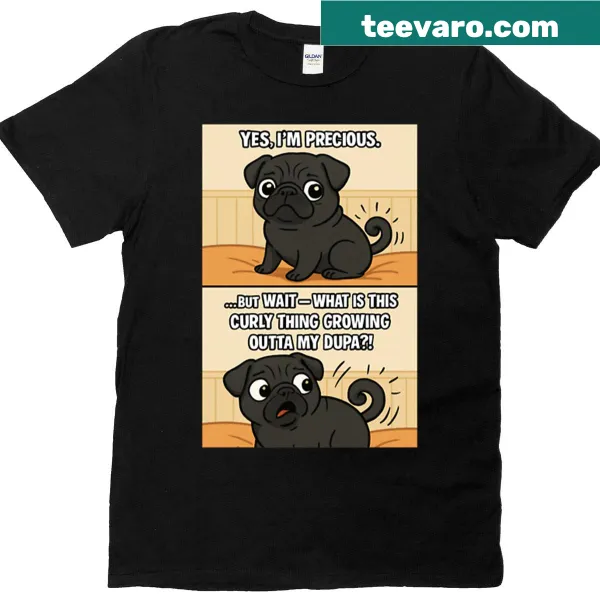 Cartoon pug illustration with humorous text about curly tail
