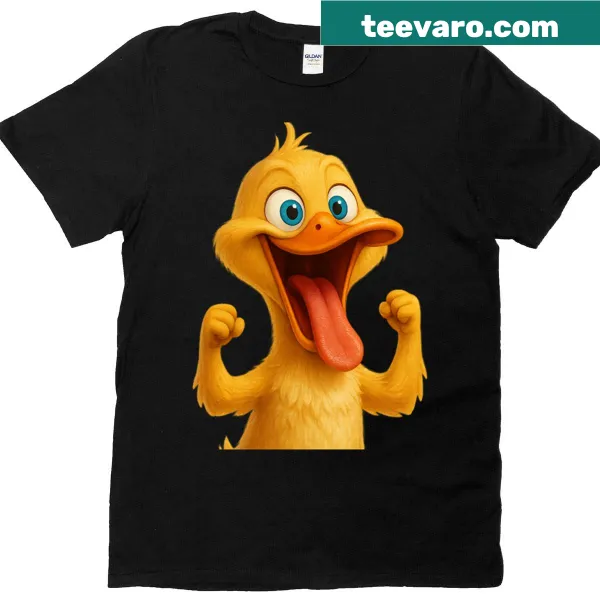 Cartoon duck illustration with big eyes and tongue out on a t-shirt