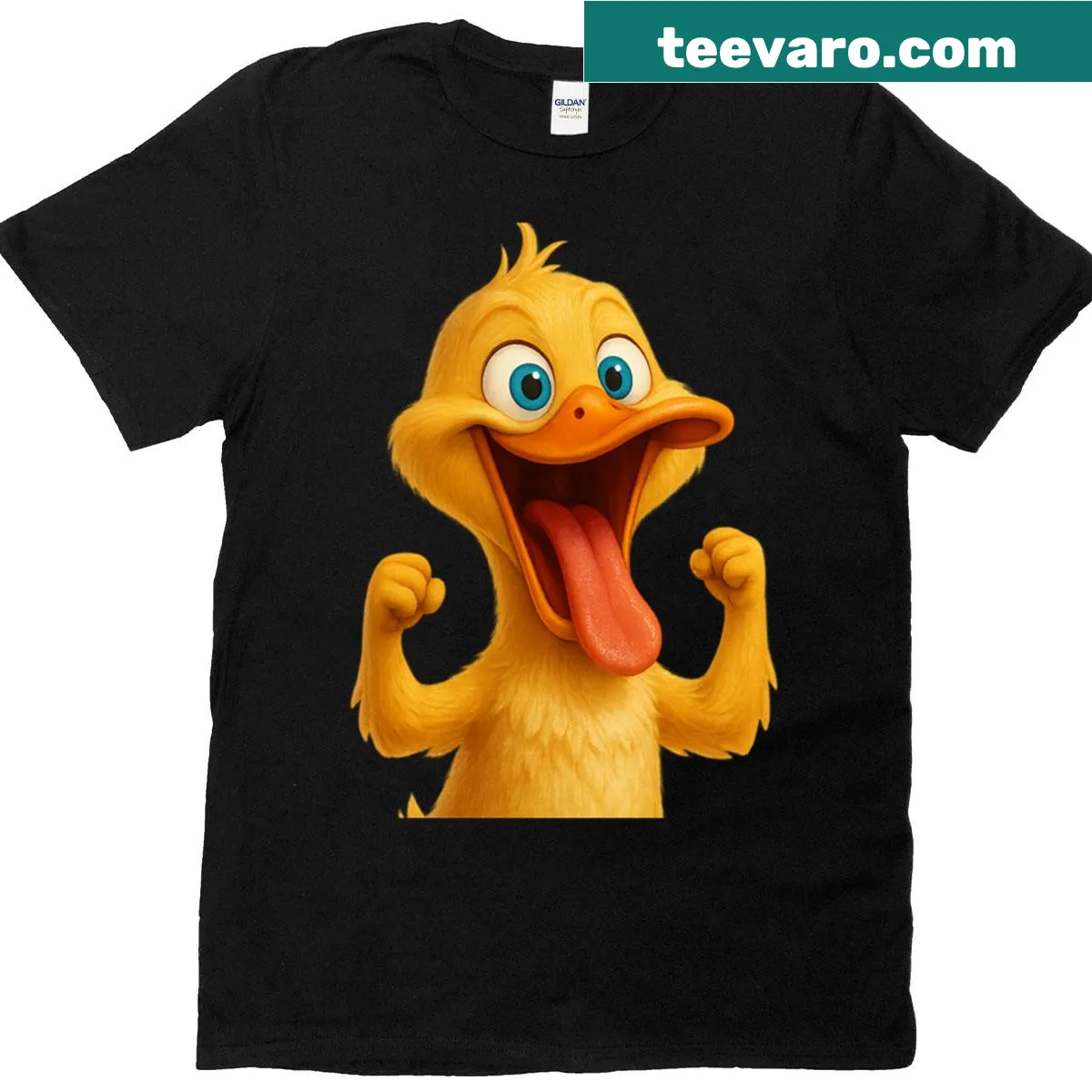 Cartoon duck illustration with big eyes and tongue out on a t-shirt — on a men's t-shirt