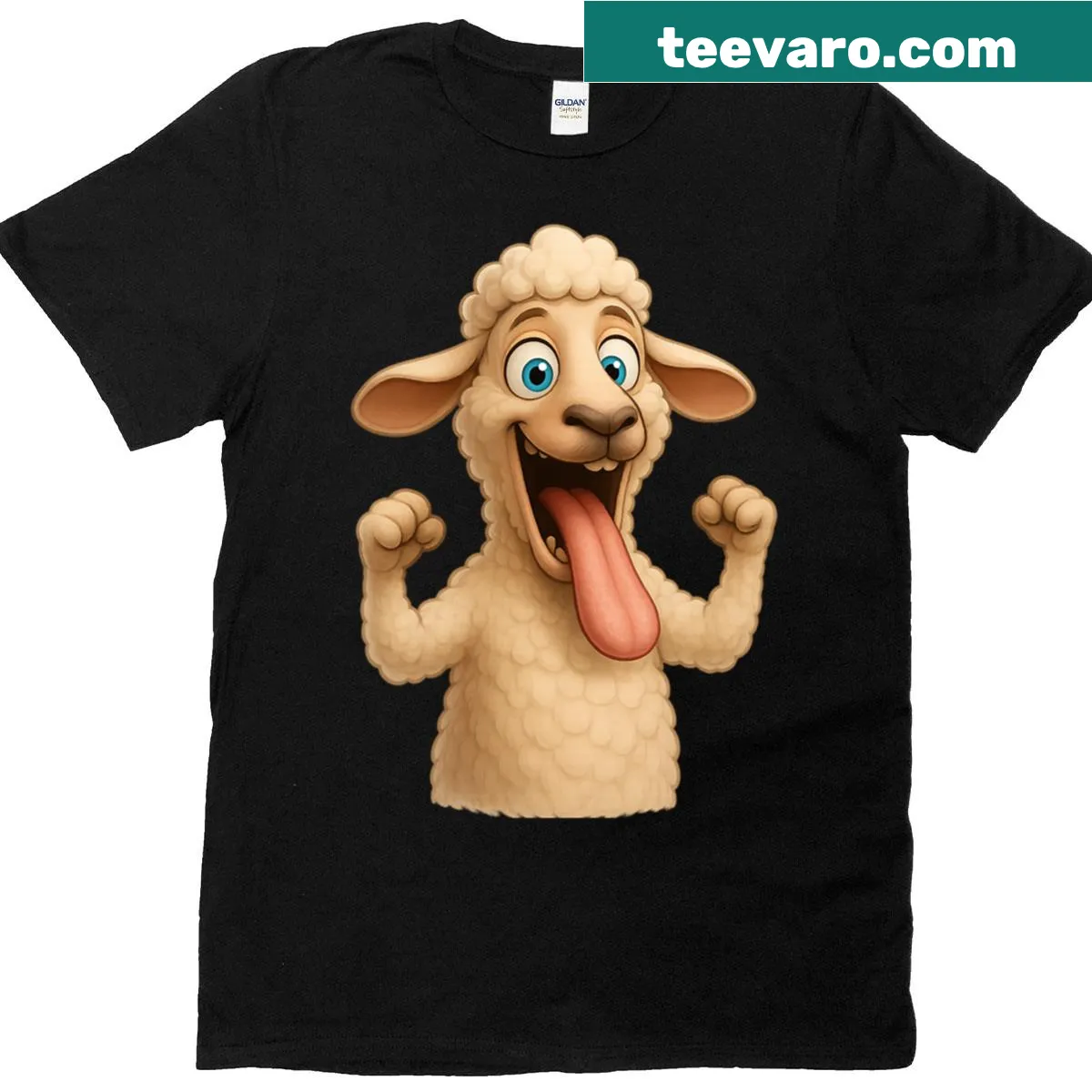 Cartoon sheep illustration with tongue out on a t-shirt — on a men's t-shirt
