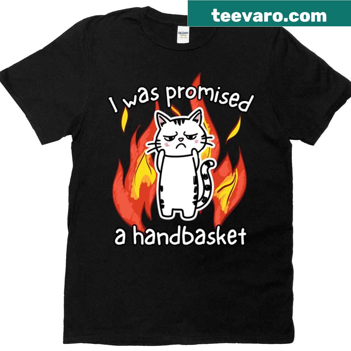 Cartoon cat t-shirt with 'Hell In A Handbasket' meme — on a men's t-shirt
