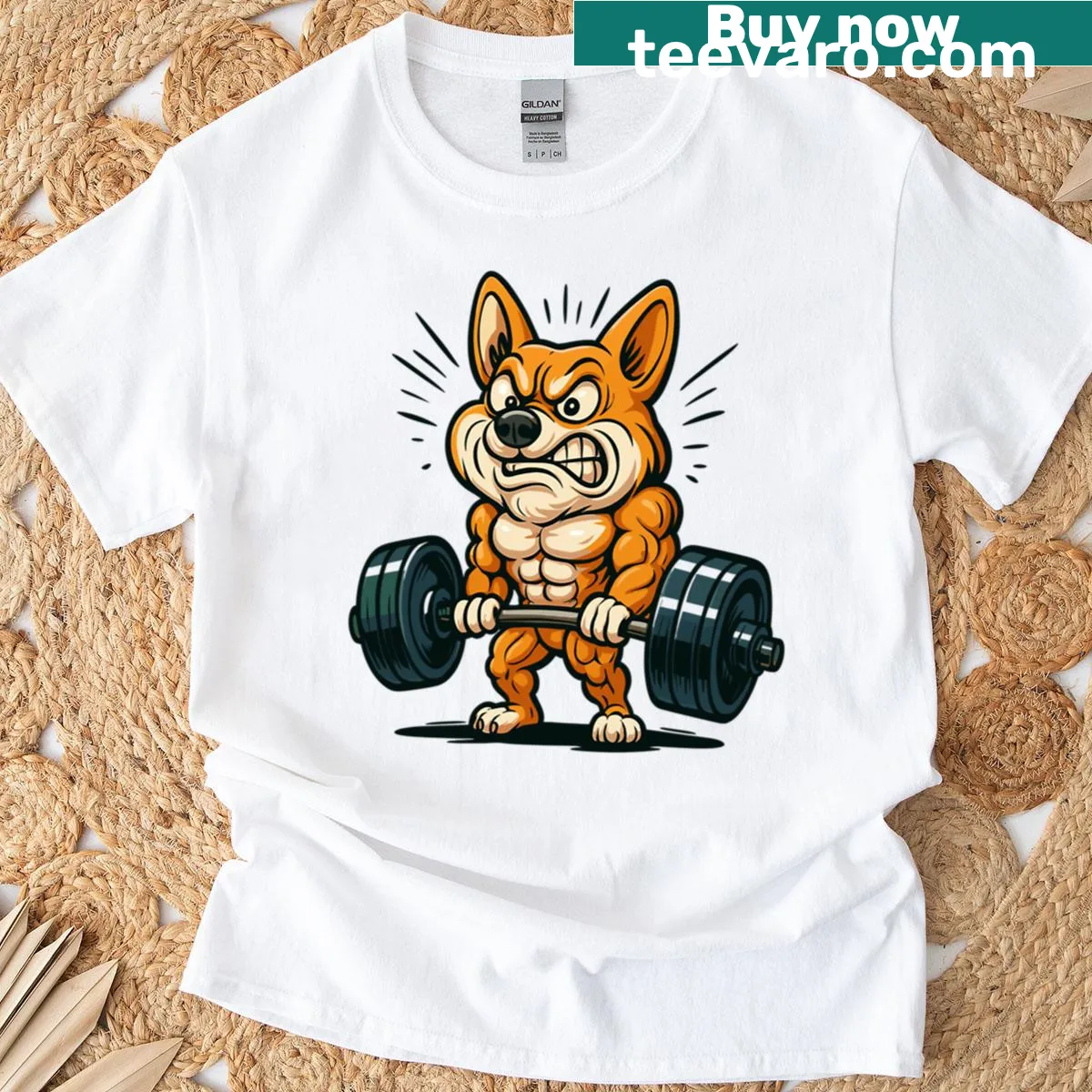 Cartoon corgi lifting weights on fitness t-shirt — on a men's t-shirt