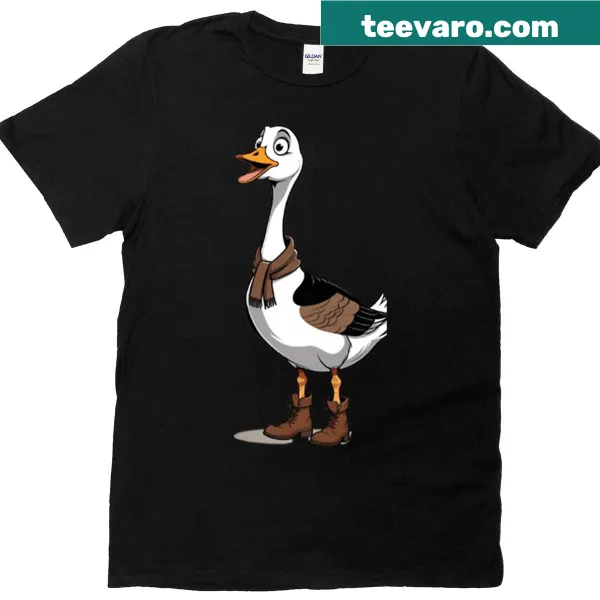 Comical cartoon long-neck goose with boots and scarf on t-shirt