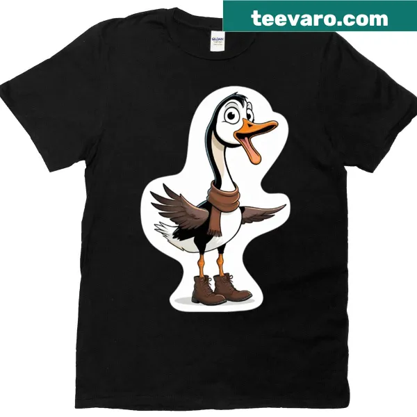 Cartoon T-shirt featuring a comical long-neck goose with brown boots and a scarf