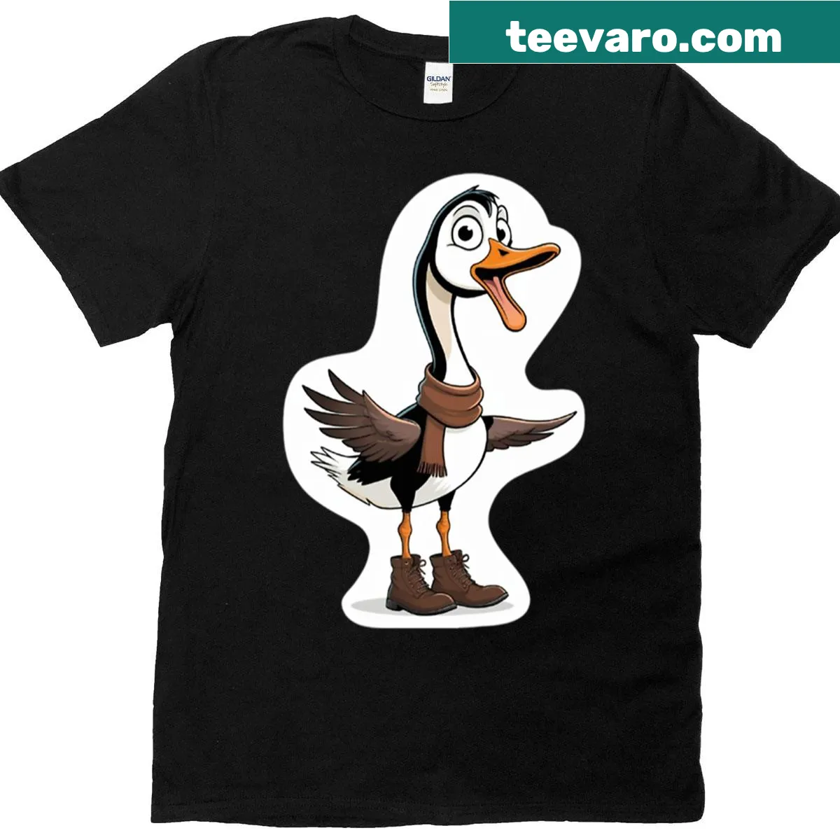 Cartoon T-shirt featuring a comical long-neck goose with brown boots and a scarf — on a men's t-shirt