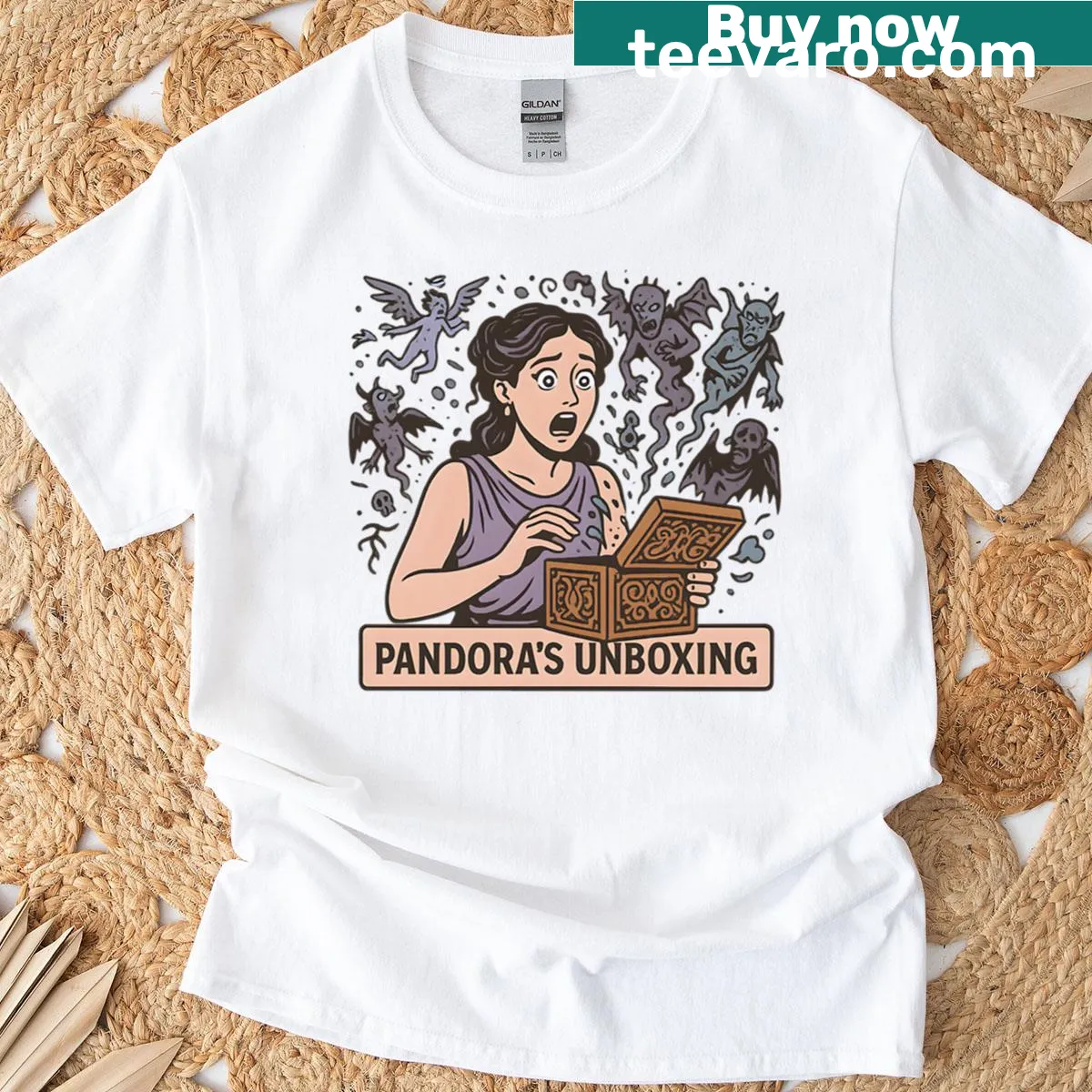 Cartoon T-shirt featuring Pandora's box with a humorous design — on a men's t-shirt