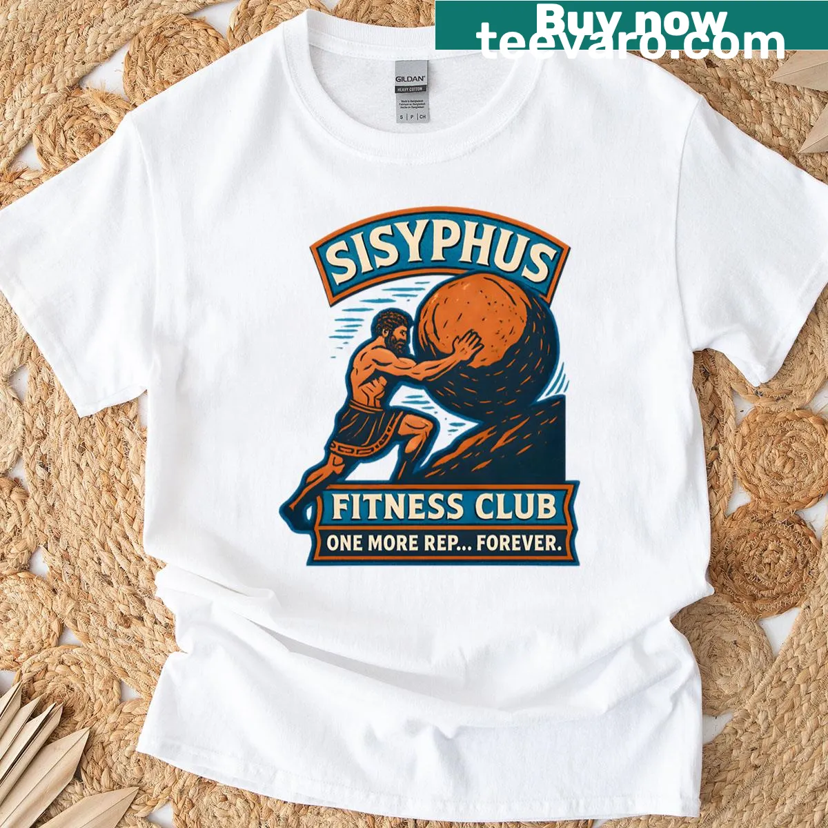 Funny gym t-shirt referencing the Sisyphus myth in a workout context. — on a men's t-shirt