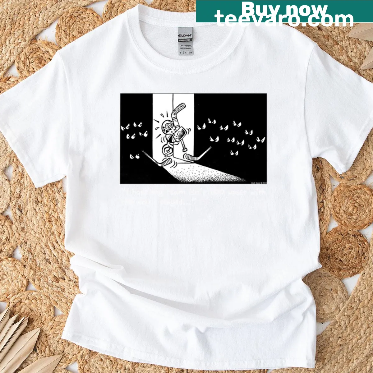 Cartoon t-shirt depicting a funny hockey goalie save scenario. — on a men's t-shirt