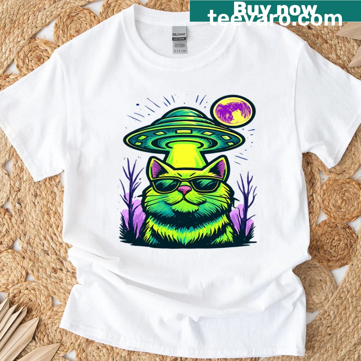 Retro alien cat abduction design on a funny T-shirt — on a men's t-shirt