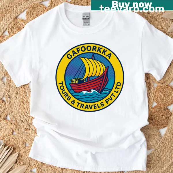 Whimsical travel-themed t-shirt featuring Gafoorkka Tours logo
