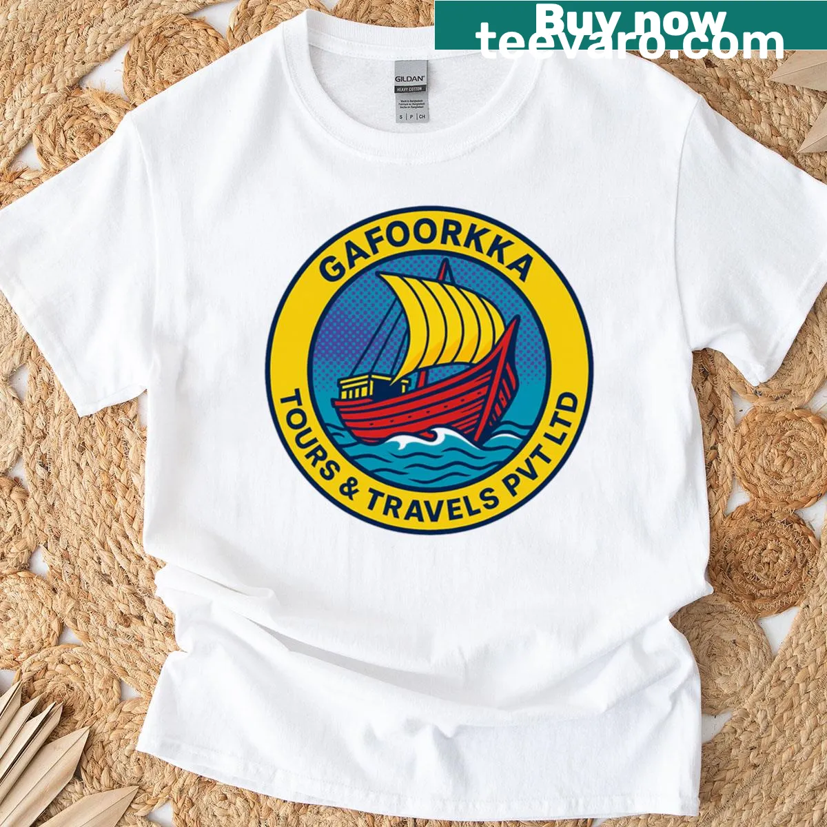 Whimsical travel-themed t-shirt featuring Gafoorkka Tours logo — on a men's t-shirt