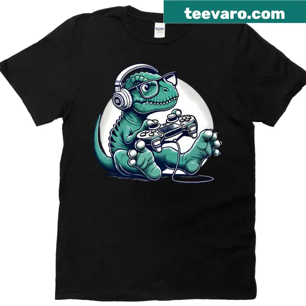 Cute T-rex with controller and headphones on a t-shirt