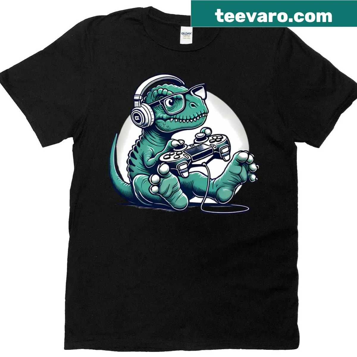 Cute T-rex with controller and headphones on a t-shirt — on a men's t-shirt