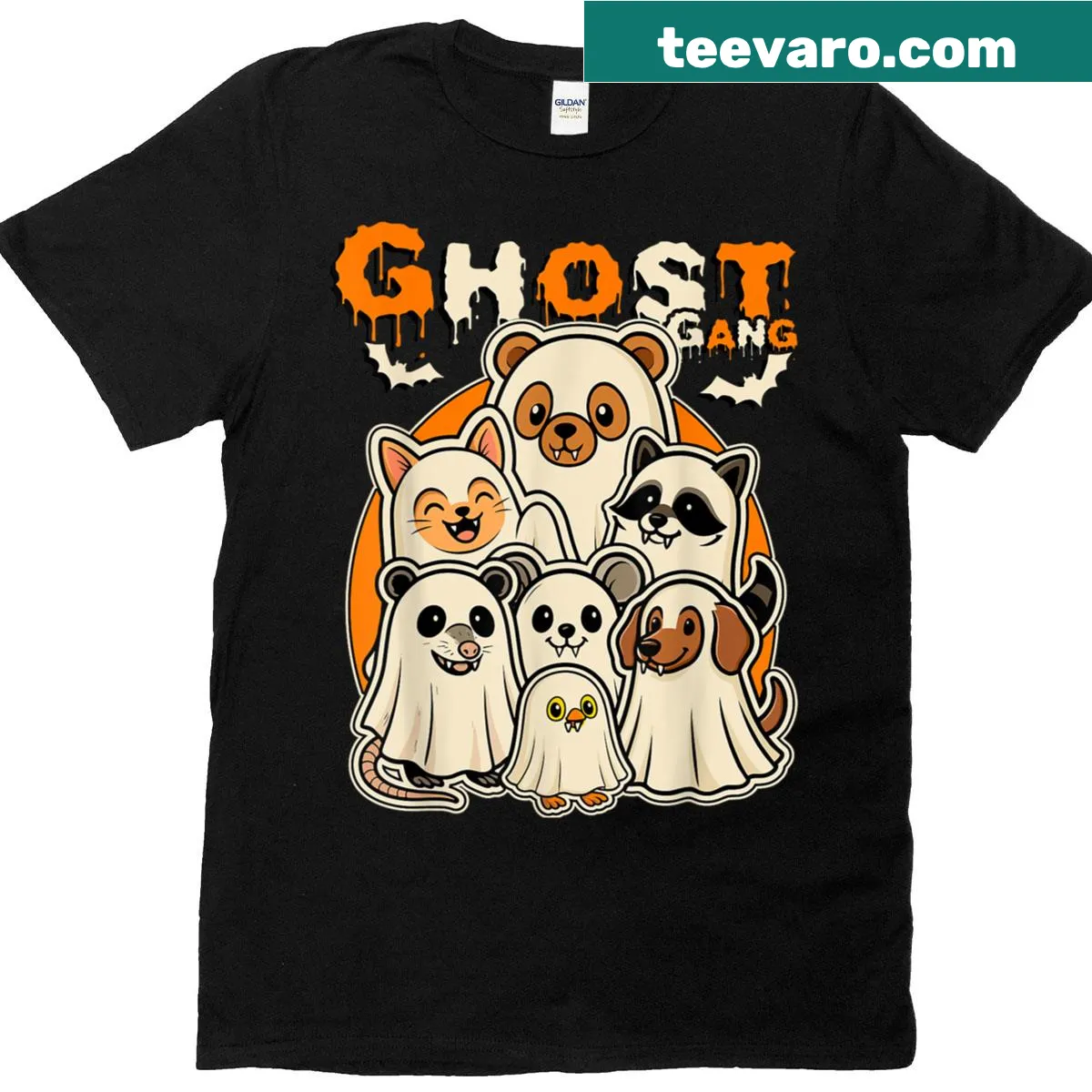 Kids Halloween t-shirt with Ghost Gang cartoon design — on a men's t-shirt