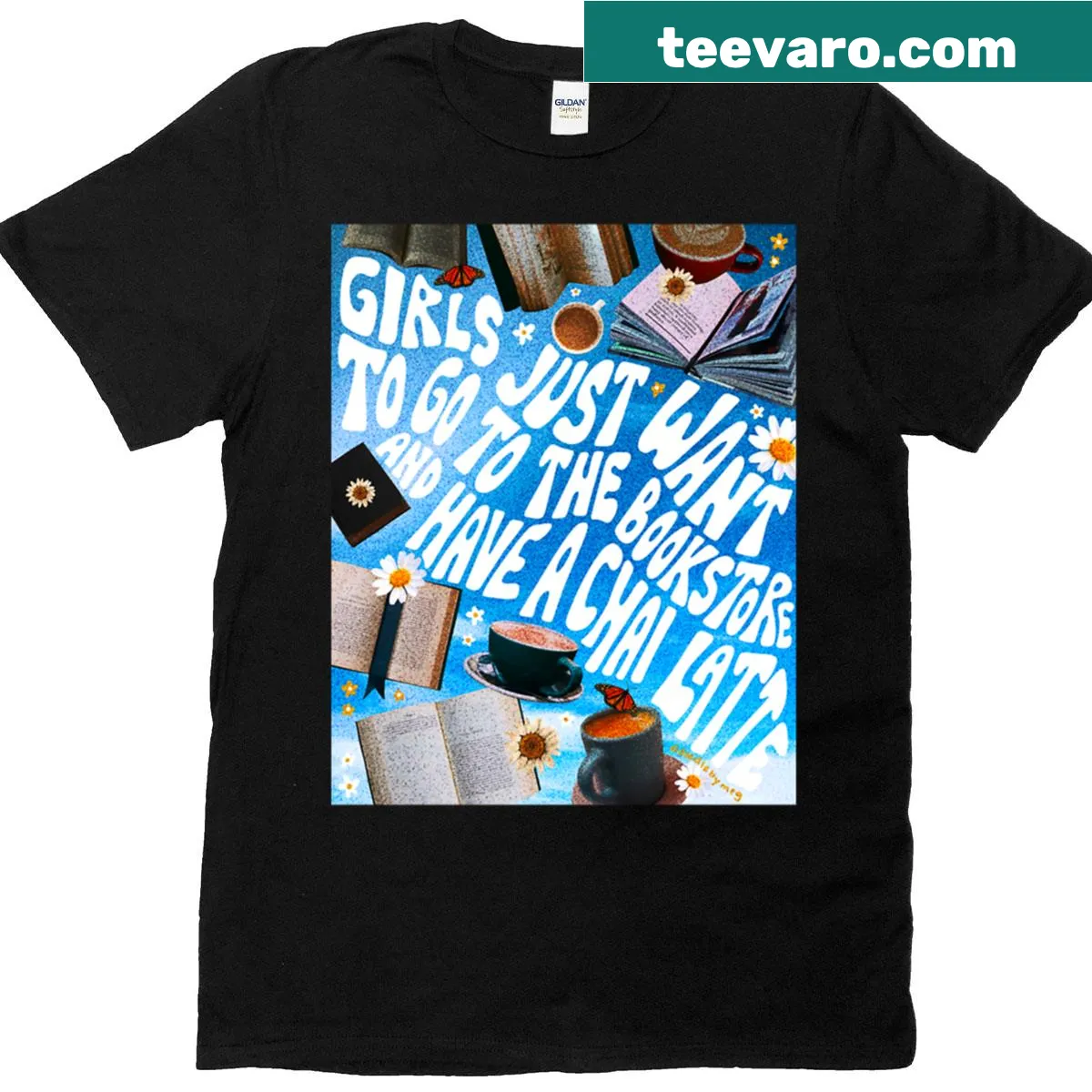 Typography t-shirt featuring 'Girls Just Want To Go To A Bookstore' text — on a men's t-shirt