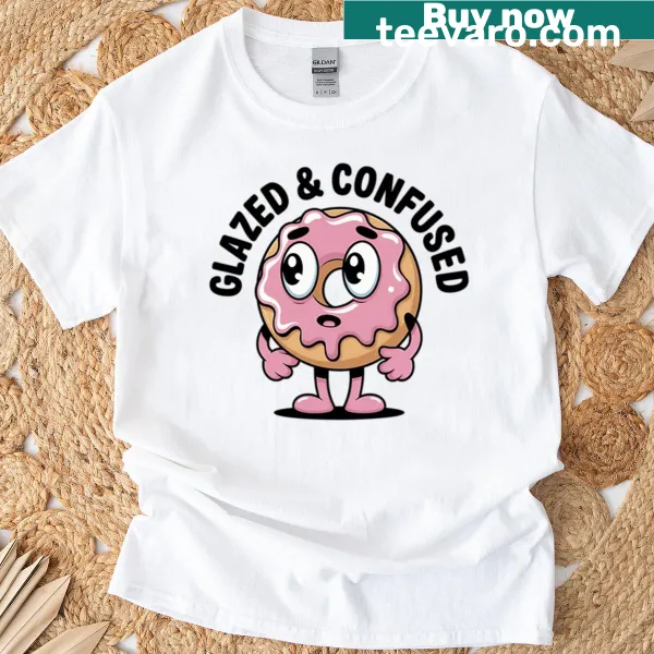 Cartoon donut t-shirt with humorous 'Glazed Confused' design