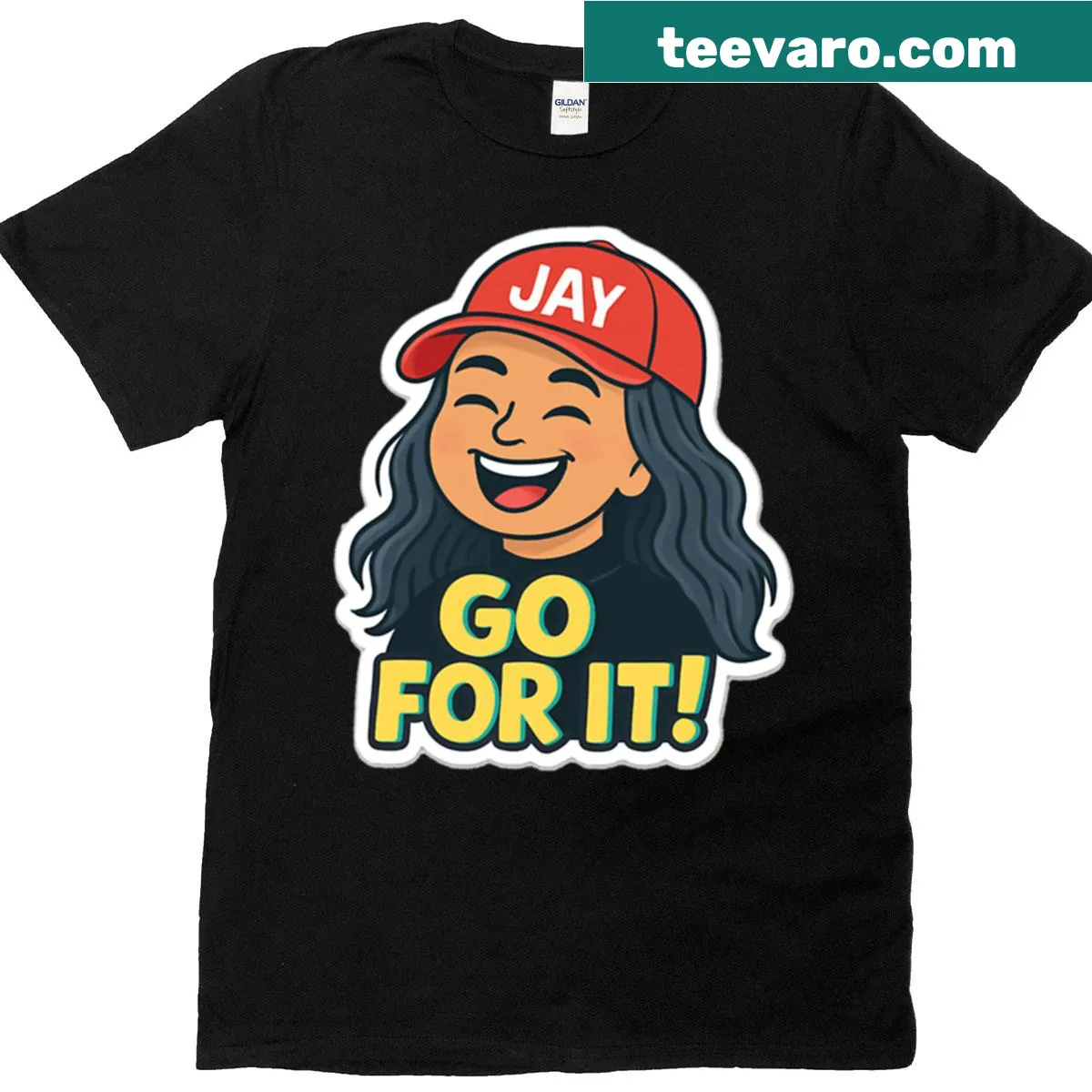 Motivational t-shirt with cartoon character wearing a Jay cap — on a men's t-shirt