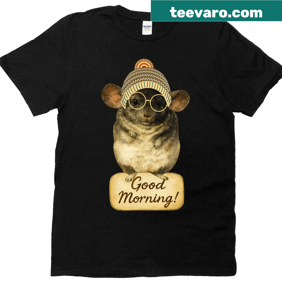 Oversized t-shirt featuring a chinchilla in a winter hat and glasses. — on a men's t-shirt