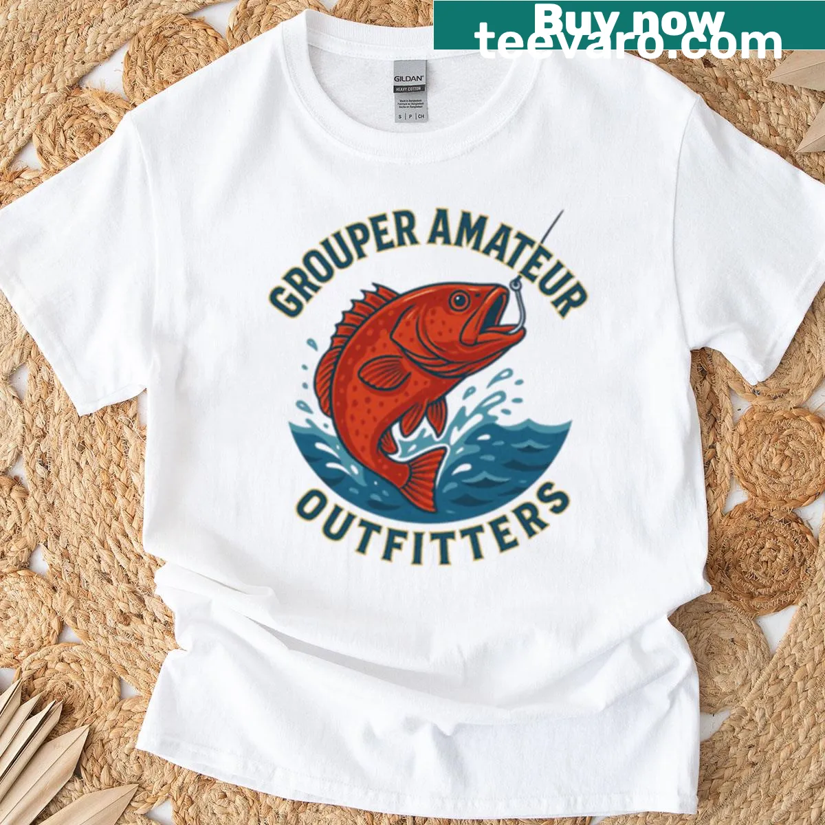 Graphic of Grouper fish on a badge-style amateur outfitters t-shirt — on a men's t-shirt