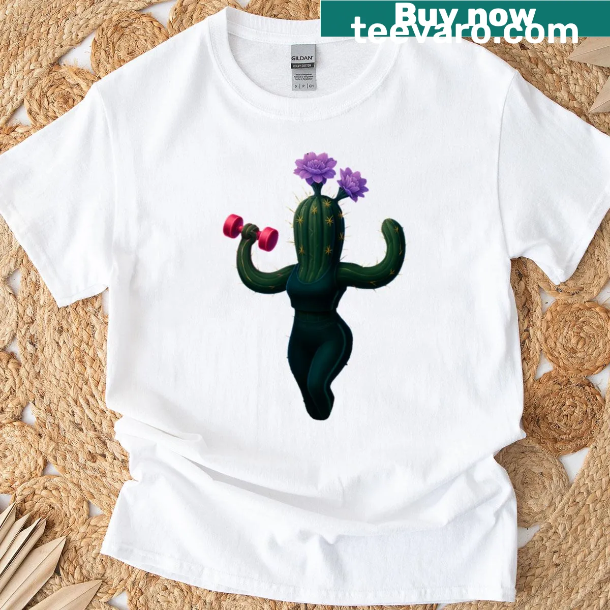 Funny cactus illustration in a workout theme on an oversized t-shirt — on a men's t-shirt