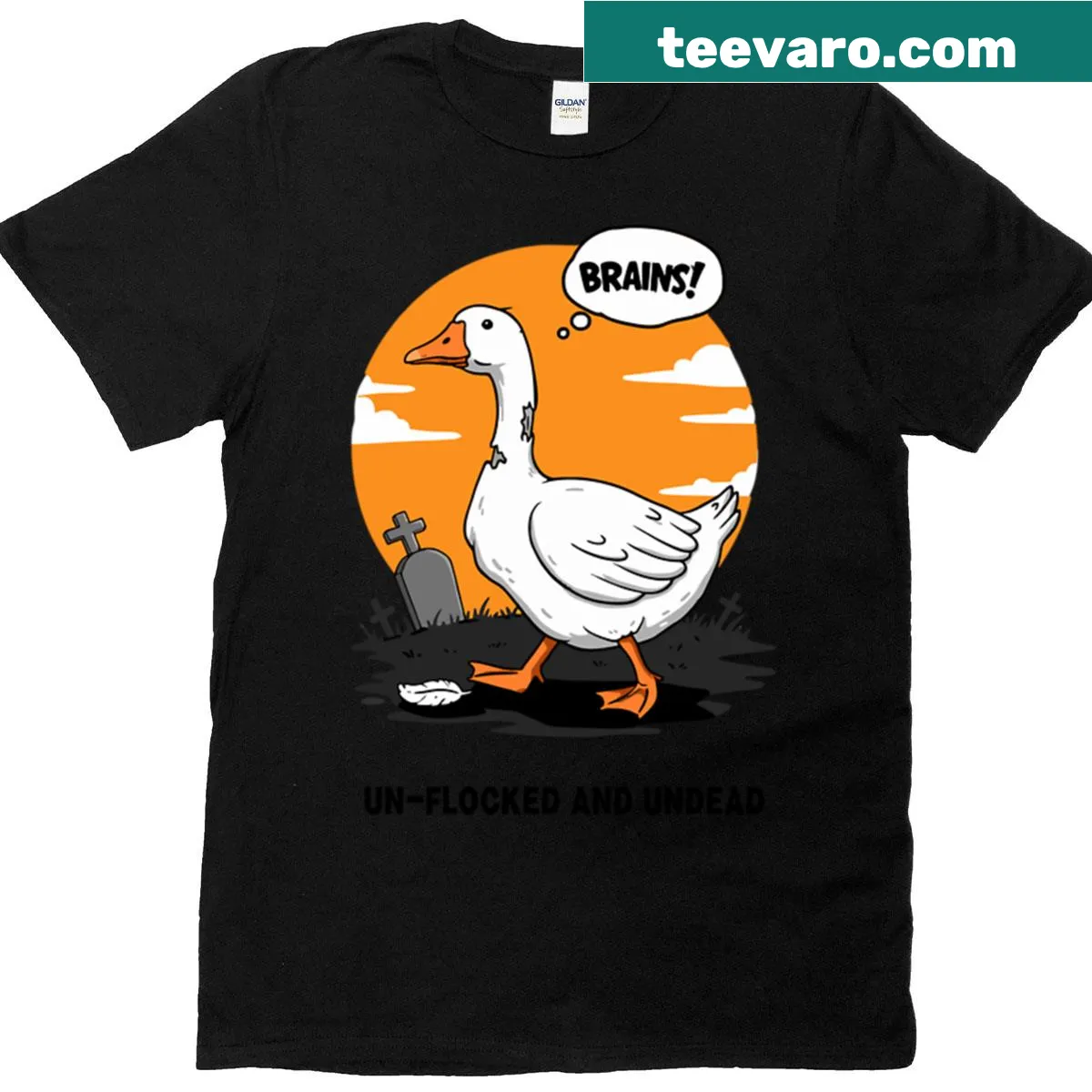 Half-molting goose in graveyard graphic T-shirt for Halloween — on a men's t-shirt