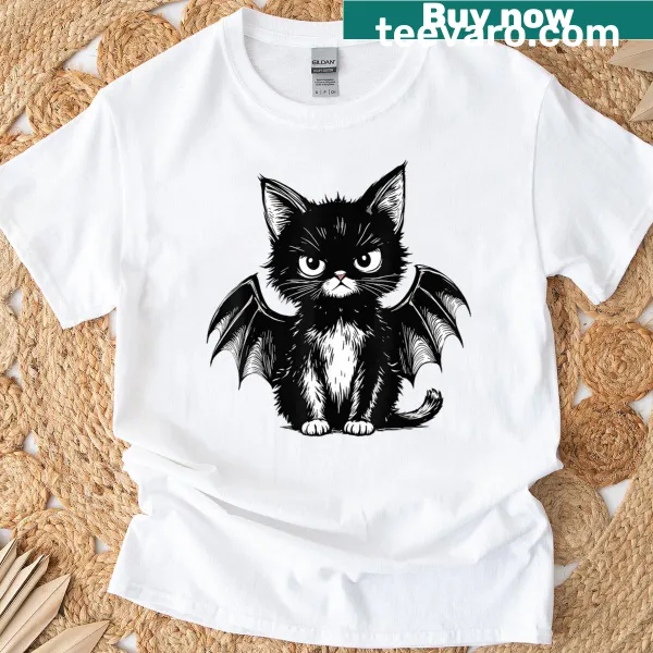 Cartoon black cat with bat wings for Halloween t-shirt