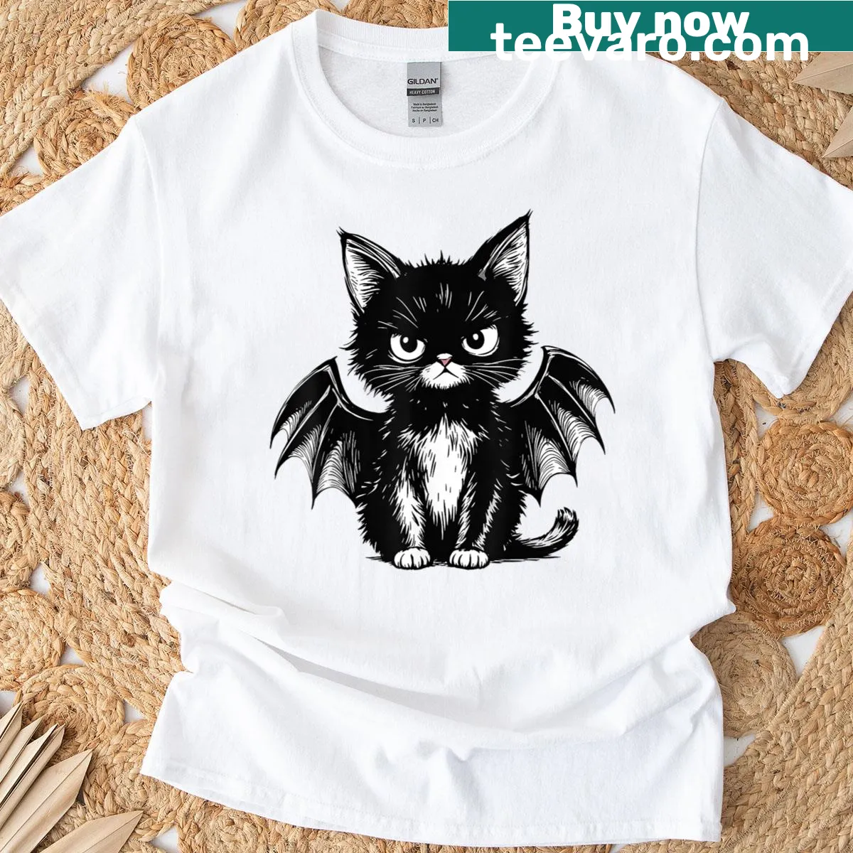 Cartoon black cat with bat wings for Halloween t-shirt — on a men's t-shirt
