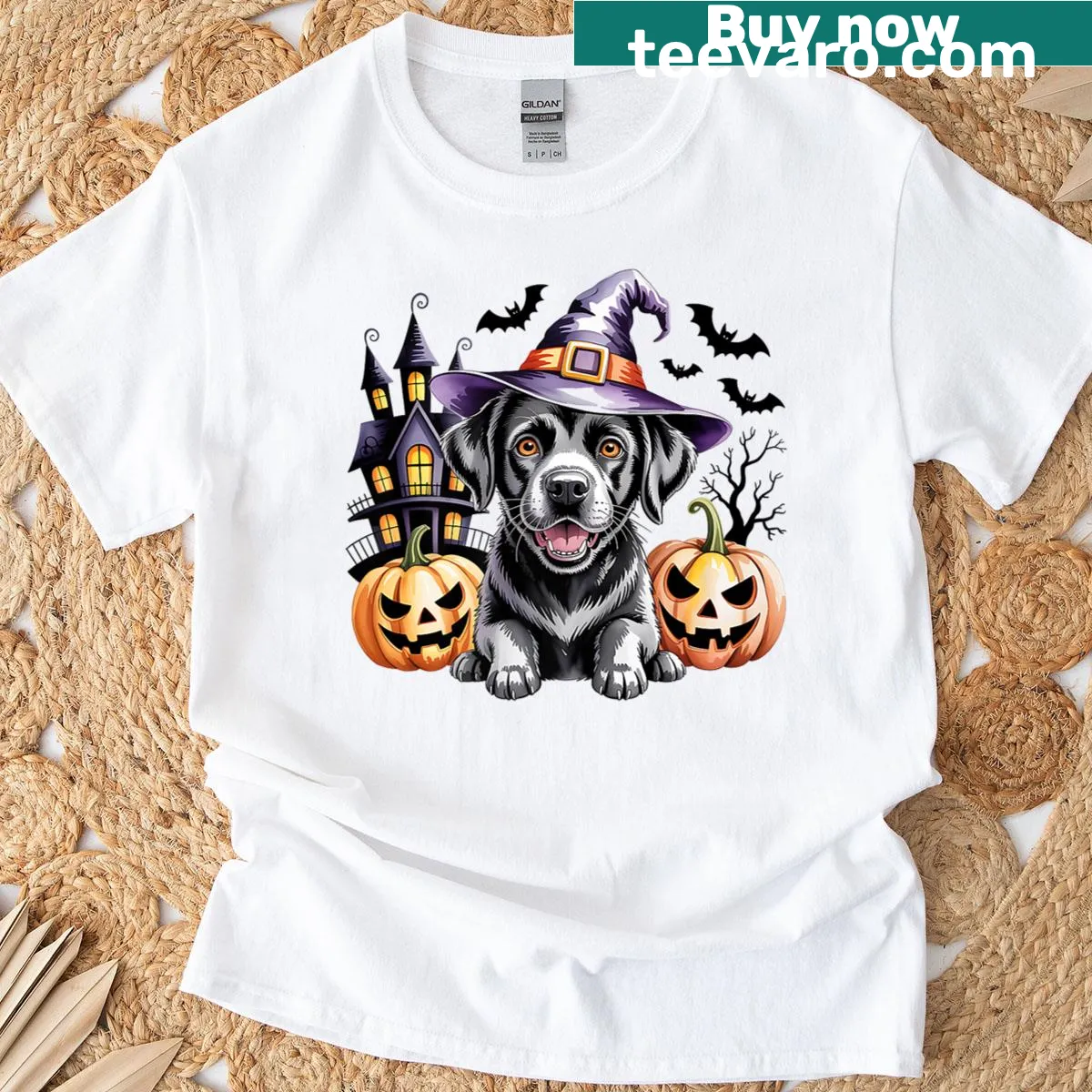 Black Labrador in witch hat with pumpkins on Halloween t-shirt — on a men's t-shirt