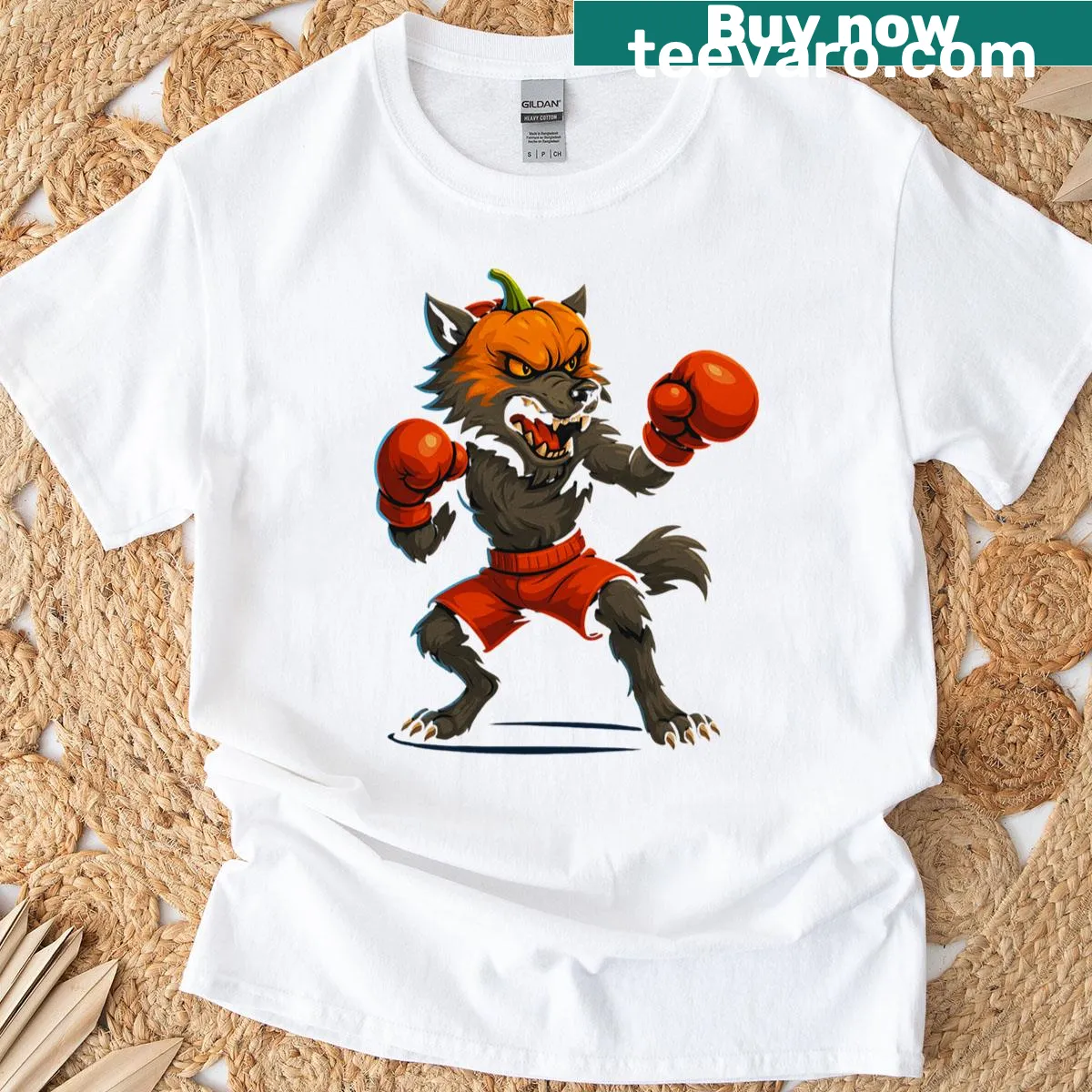 Werewolf boxer graphic design on a Halloween-themed t-shirt — on a men's t-shirt