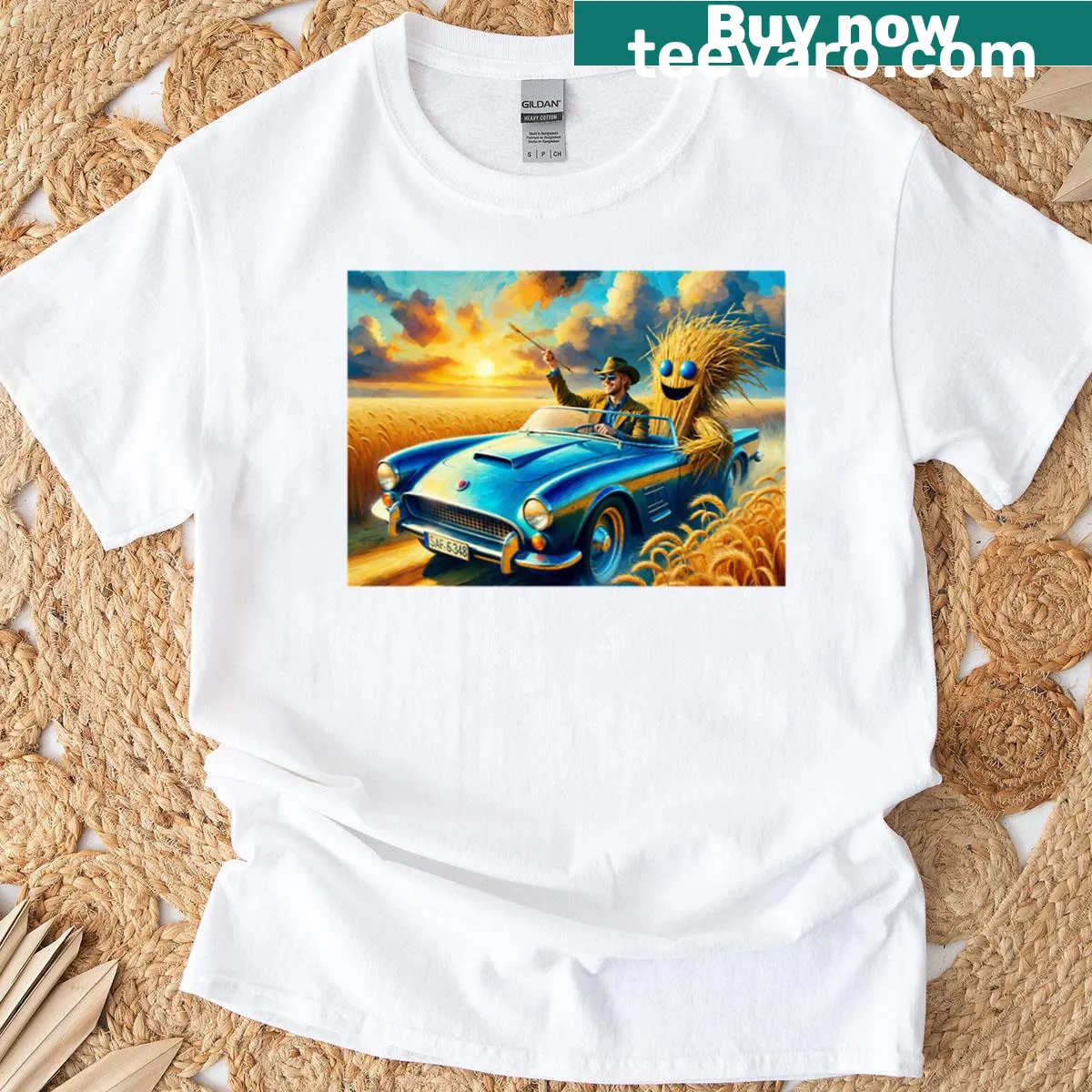 Oversized shirt featuring an artistic harvester illustration — on a men's t-shirt