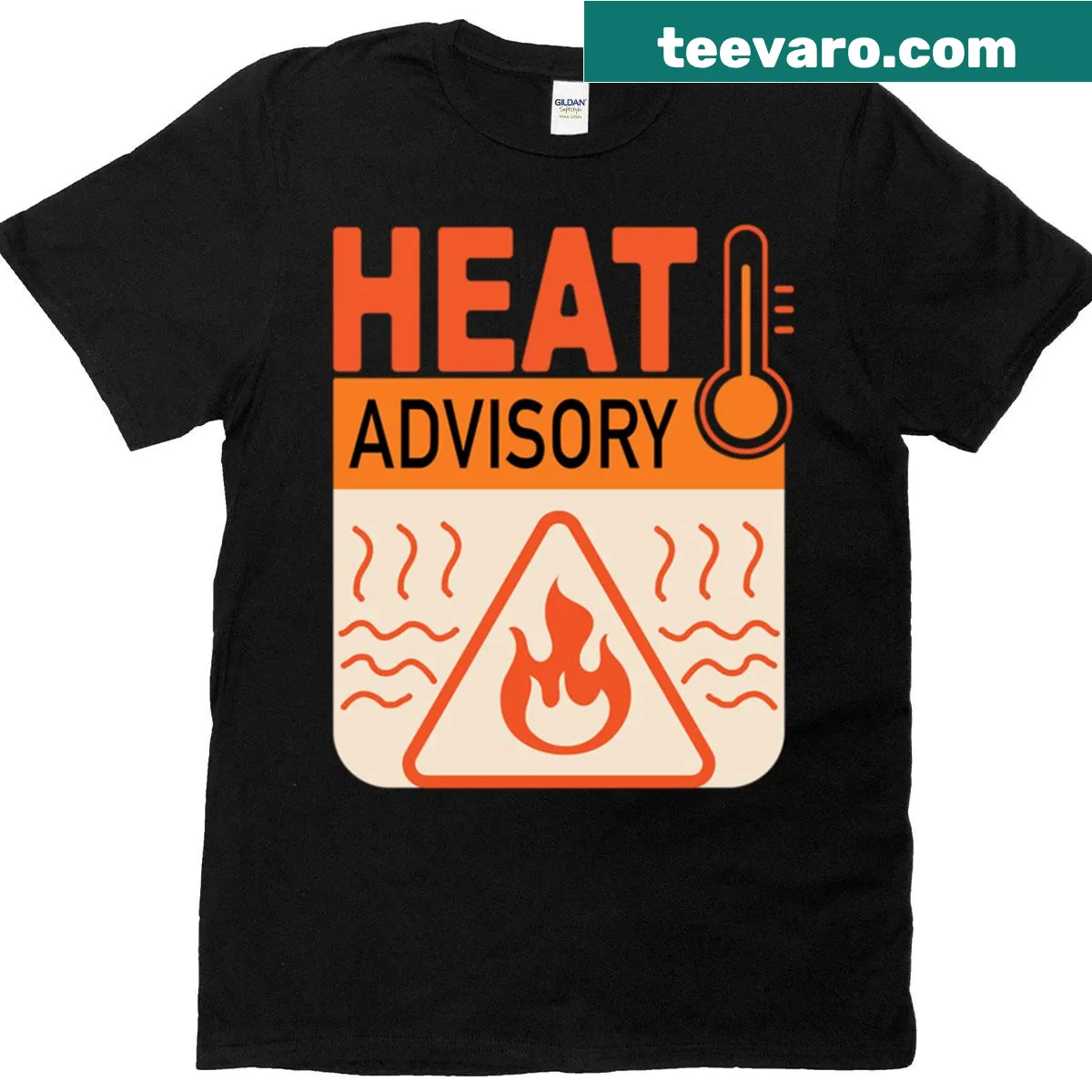 Bold summer graphic design T-shirt with heat advisory warning — on a men's t-shirt