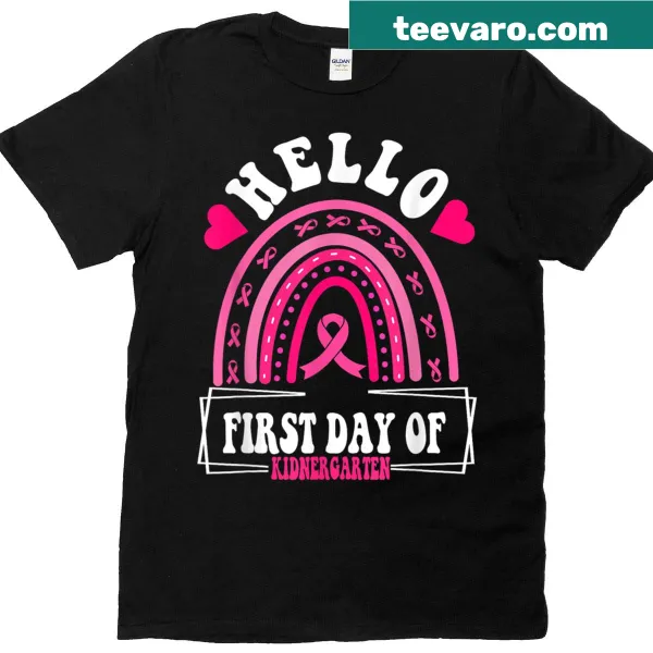 Cheerful t-shirt celebrating the first day of kindergarten with the phrase 'Hello First Day Of Kindergarten.'