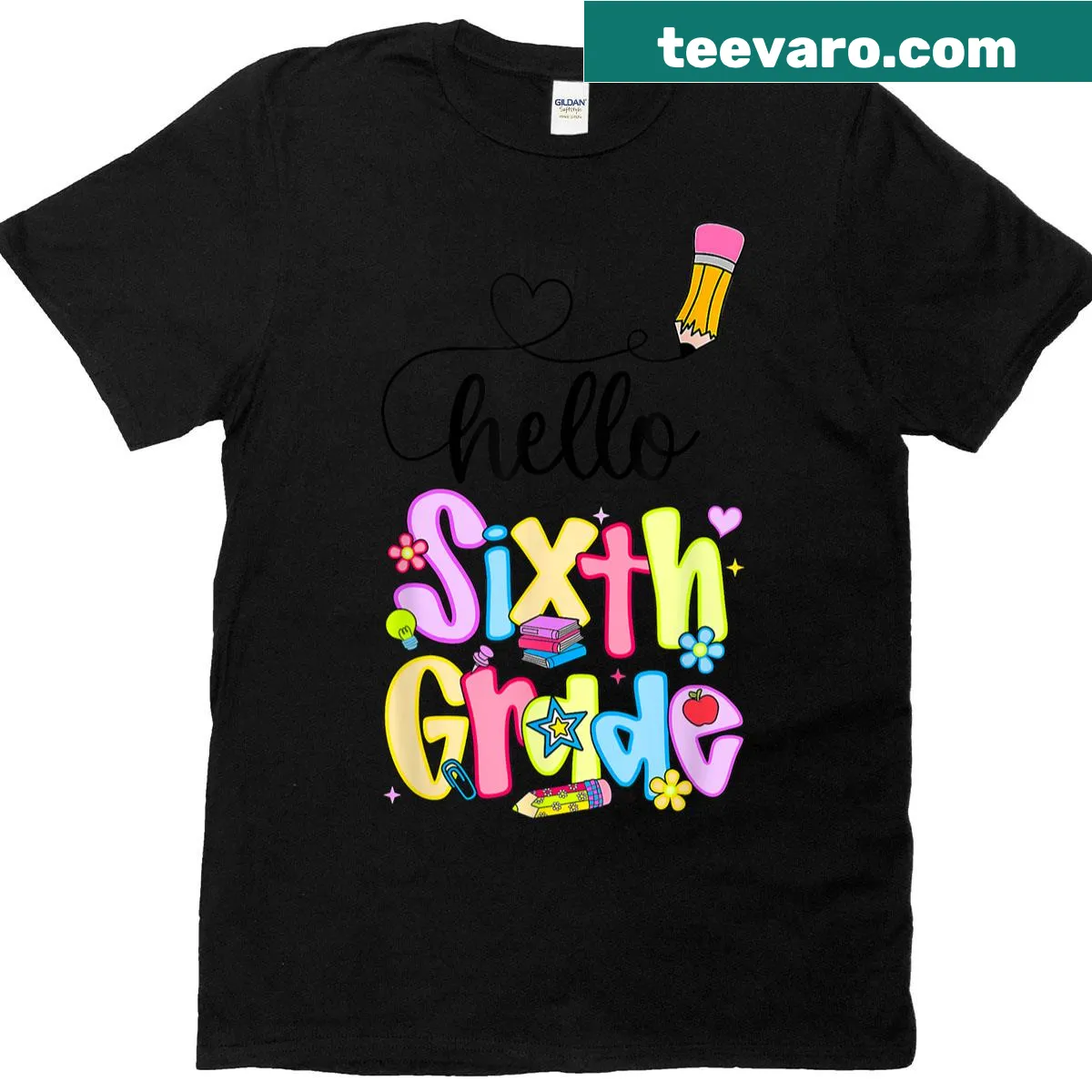 Hello Sixth Grade T-shirt with playful typography design — on a men's t-shirt