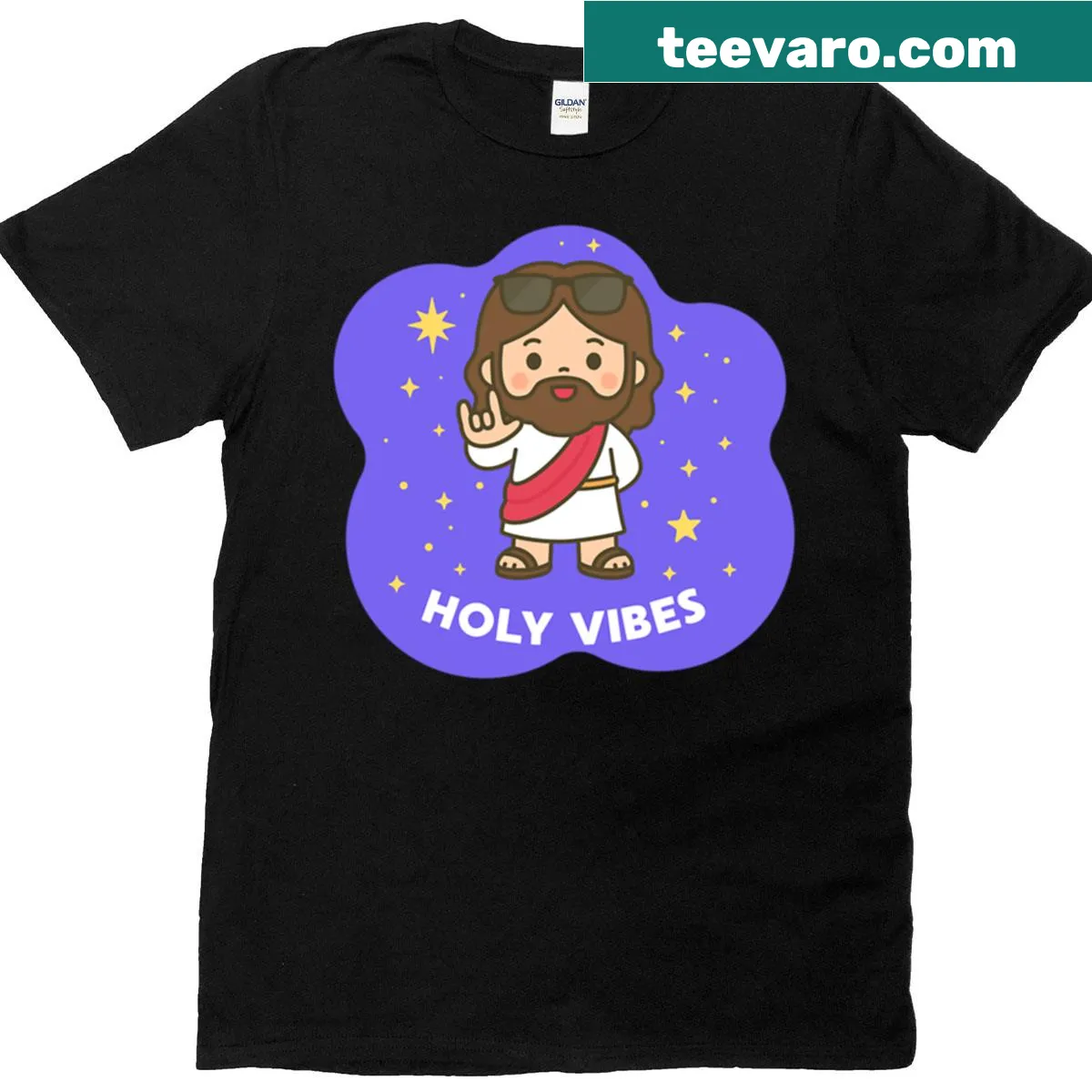 Cartoon Jesus t-shirt with sunglasses and stars design — on a men's t-shirt