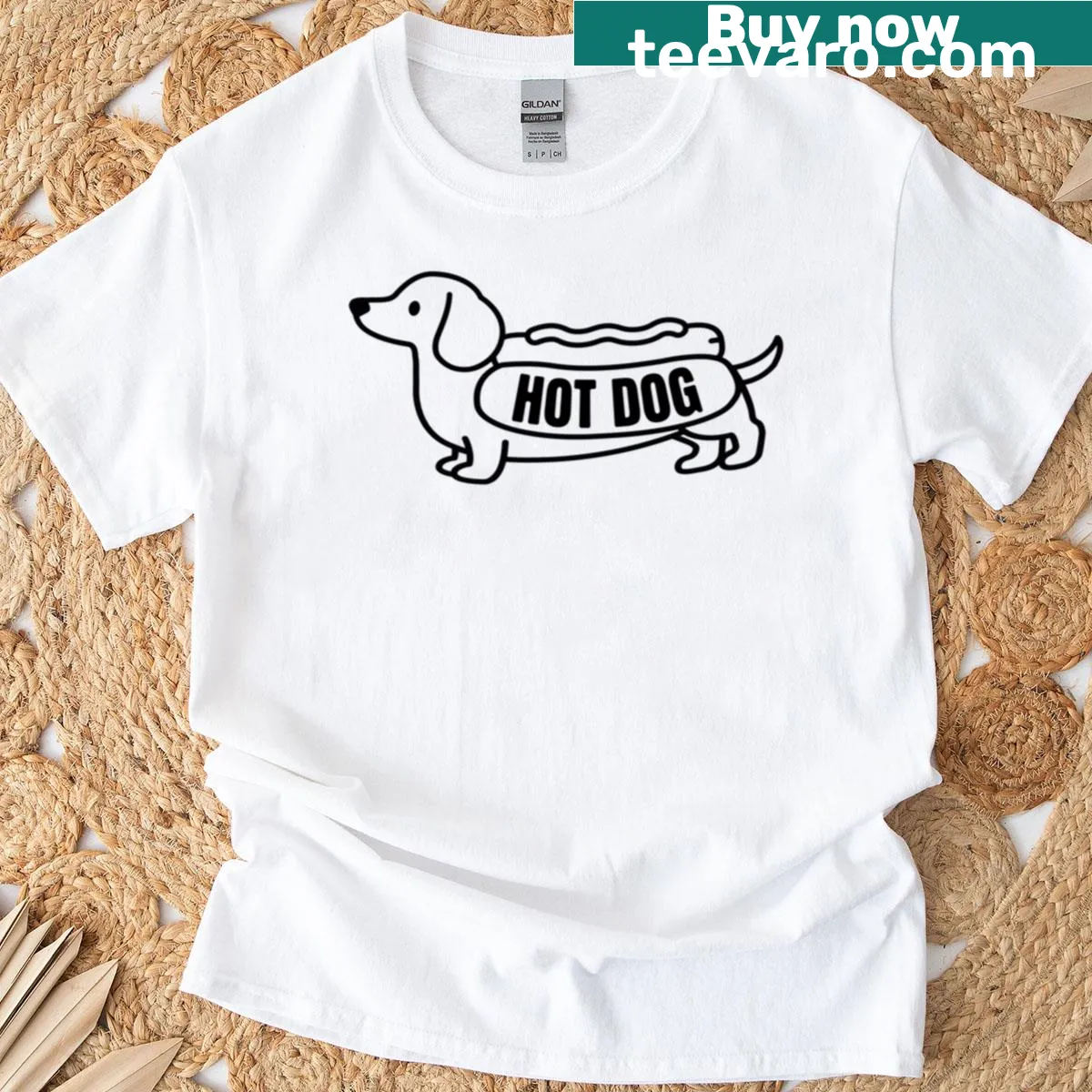 Cartoon Hot Dog dachshund T-shirt design — on a men's t-shirt