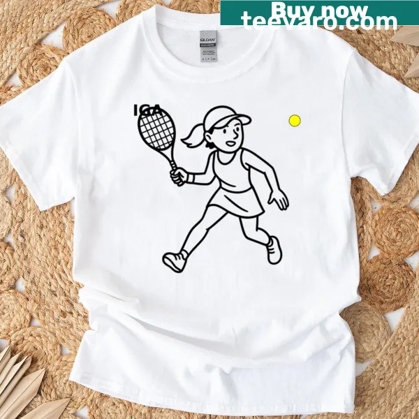 Cartoon illustration of Iga Witek playing tennis on t-shirt