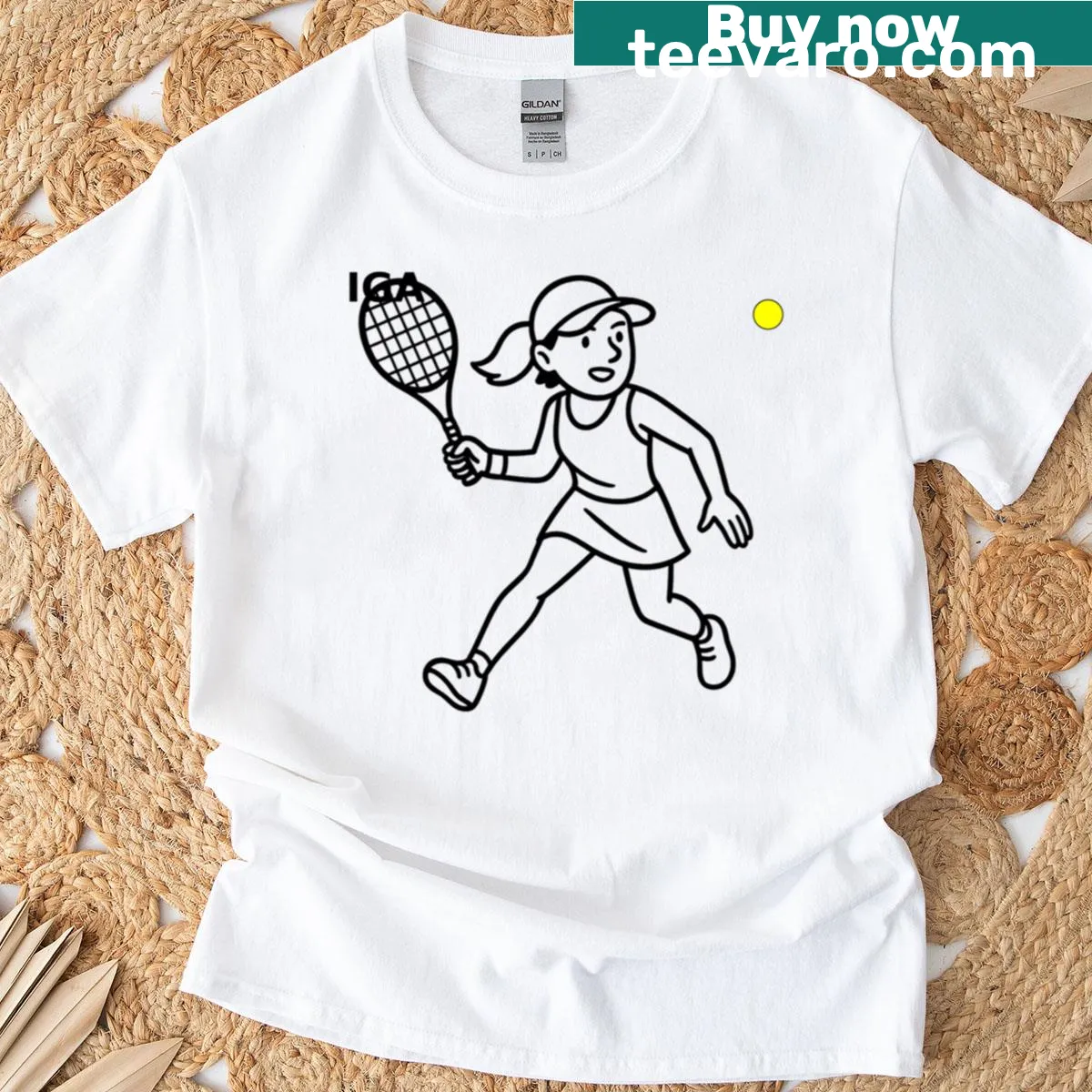 Cartoon illustration of Iga Witek playing tennis on t-shirt — on a men's t-shirt