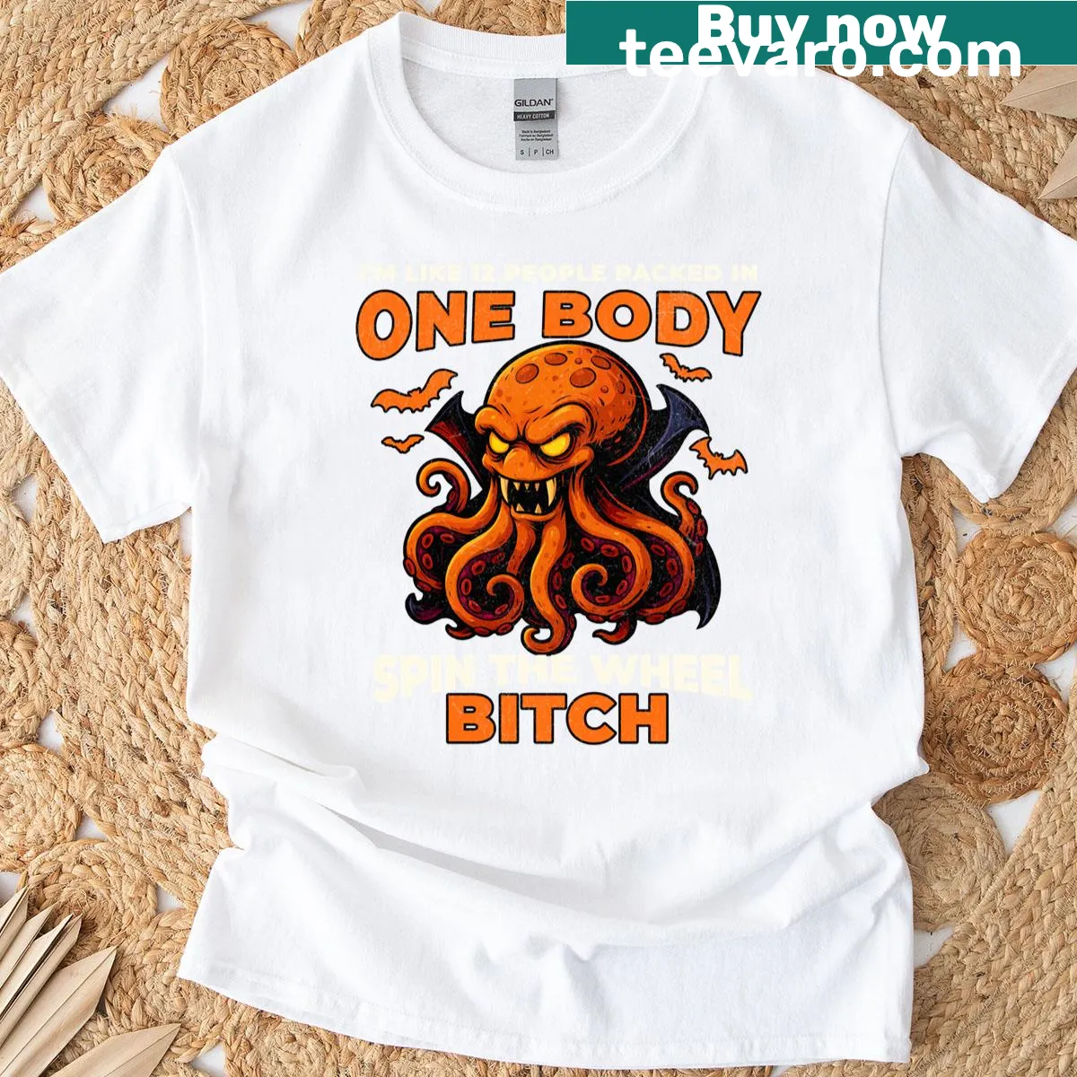 Cartoon T-shirt featuring an octopus with a humorous quote — on a men's t-shirt