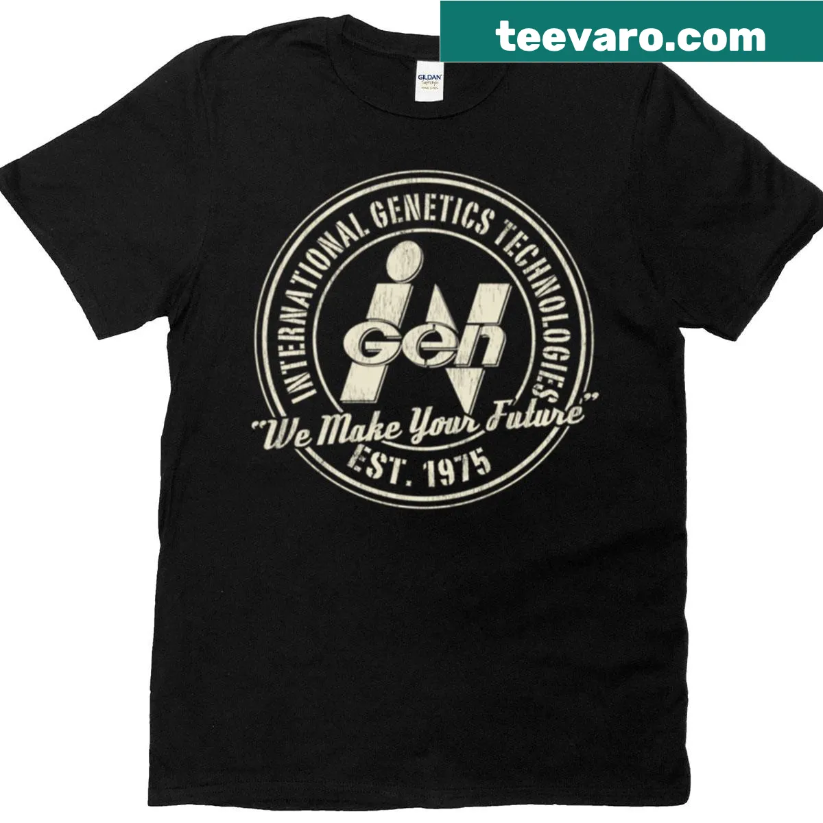 Vintage worn t-shirt featuring Ingen Original Logo 1975 — on a men's t-shirt