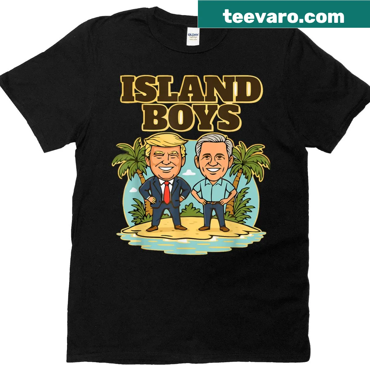 Satirical political meme t-shirt featuring Island Boys, Trump, and Epstein — on a men's t-shirt