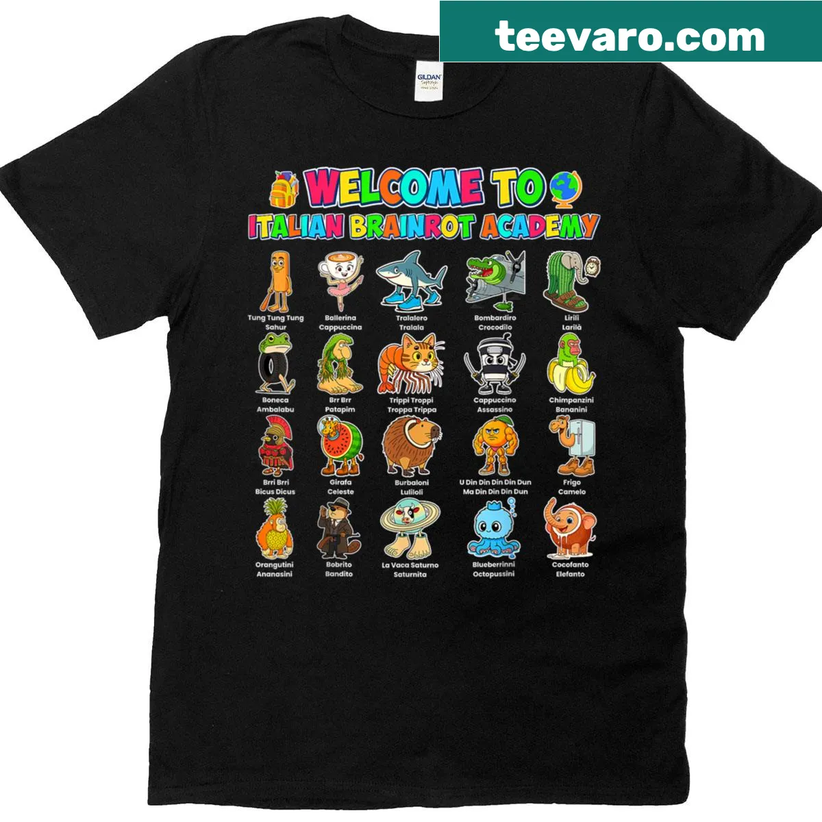 Cartoon graphic T-shirt for kids about Italian Brainrot Academy and school — on a men's t-shirt