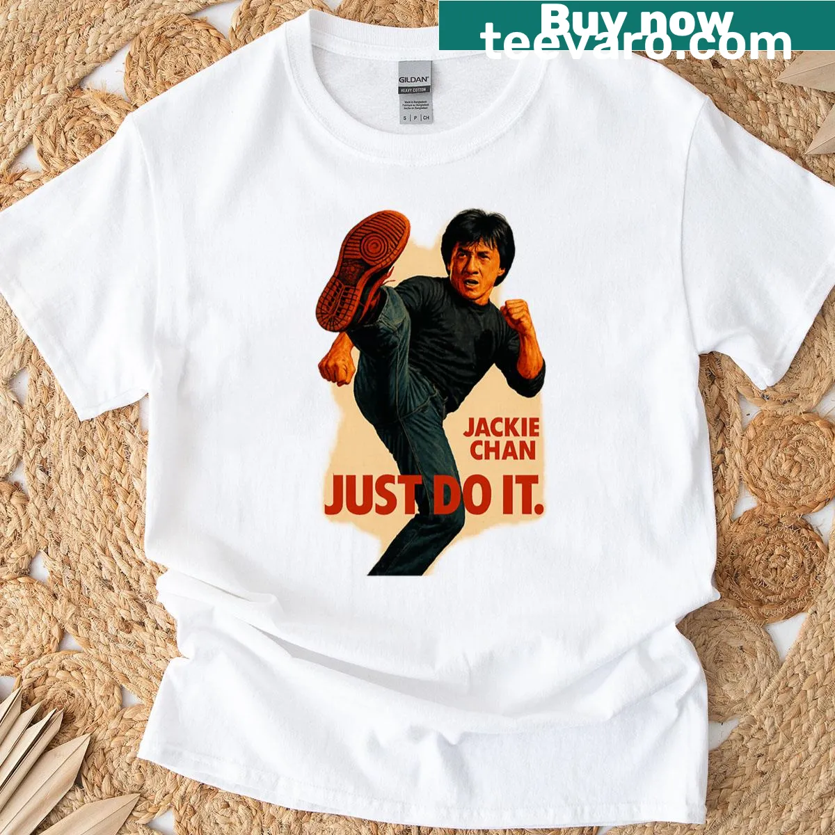 Illustration of Jackie Chan kicking with the phrase 'Just Do It' — on a men's t-shirt