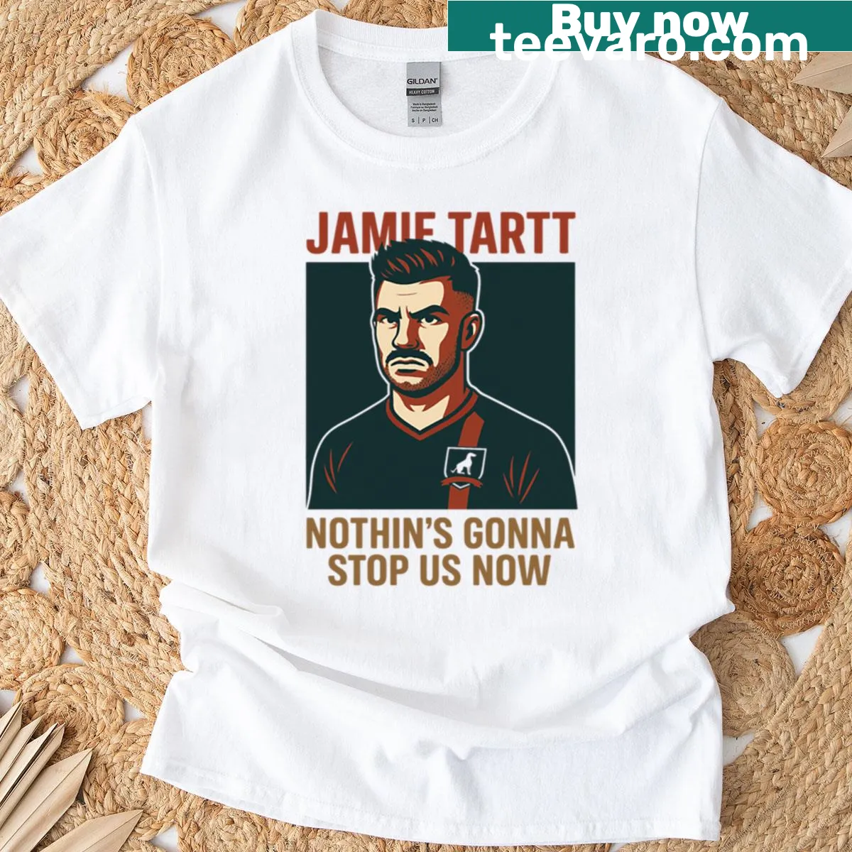 Inspirational T-shirt with the phrase 'Nothin's Gonna Stop Us Now' — on a men's t-shirt