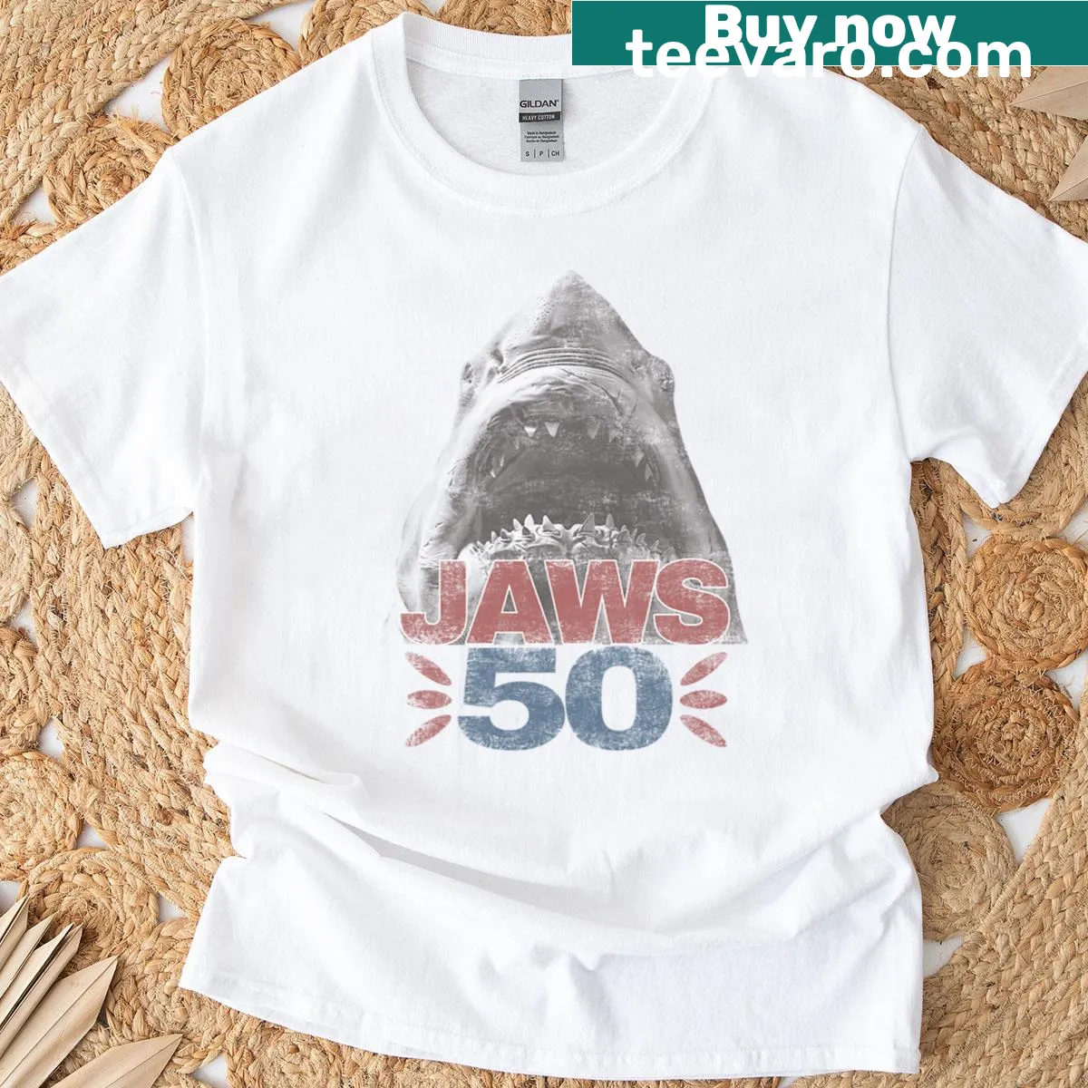 Oversized t-shirt celebrating the 50th anniversary of Jaws film — on a men's t-shirt