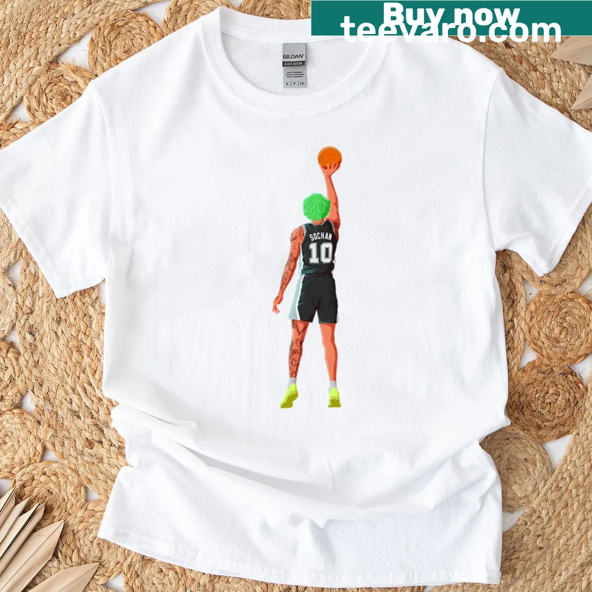 Illustrated T-shirt of Jeremy Sochan in a basketball theme — on a men's t-shirt