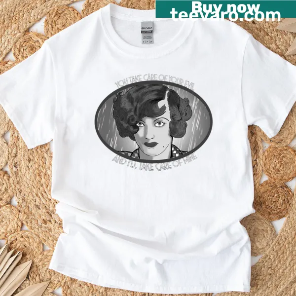 Illustrative tee depicting Joan Crawford in the rain