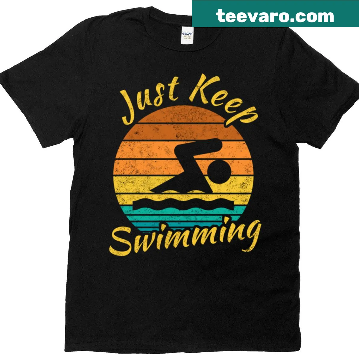 Motivational swimming T-shirt with the phrase Just Keep Swimming — on a men's t-shirt