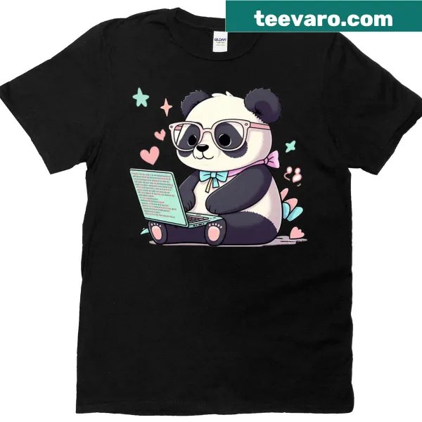 Cute panda illustration in programmer attire on t-shirt
