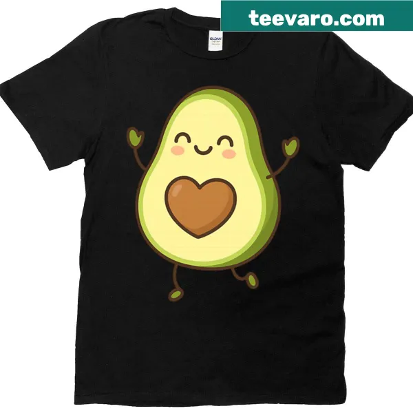 Kawaii dancing avocado design on oversized T-shirt with heart shape