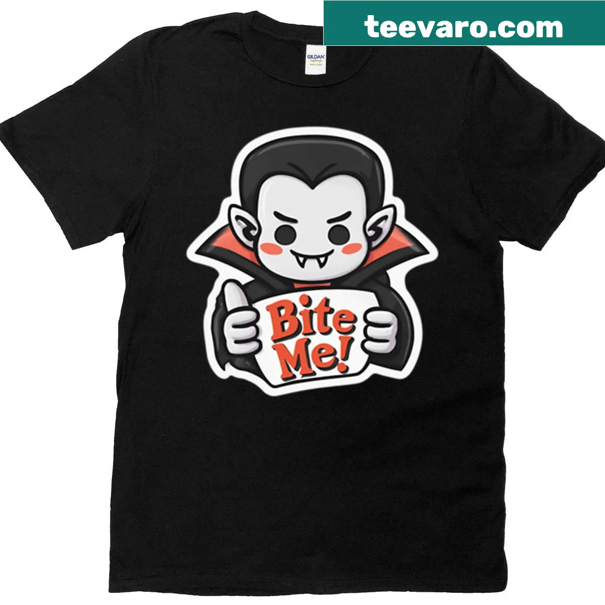 Kawaii Dracula with a smile on a Halloween-themed t-shirt — on a men's t-shirt